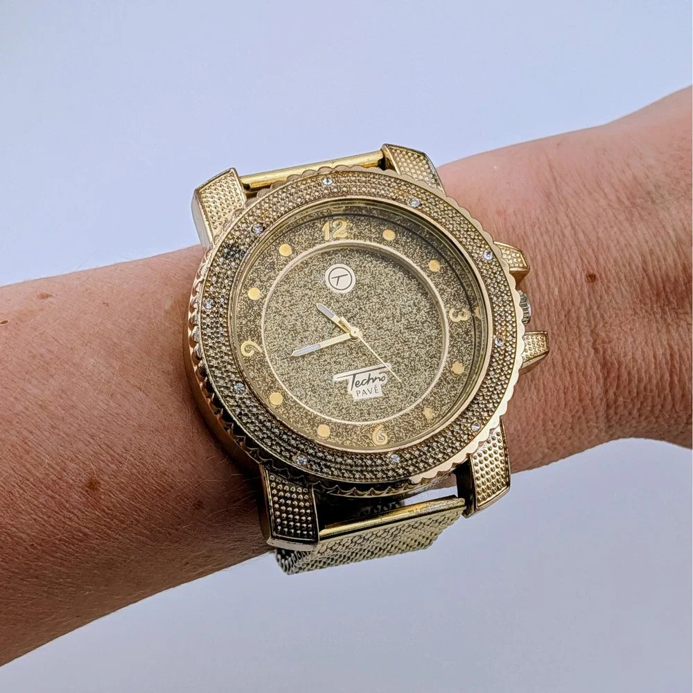 Techno Pave 7758 Men's 51mm Gold Tone Crystal Iced Bling Statement Quartz Watch